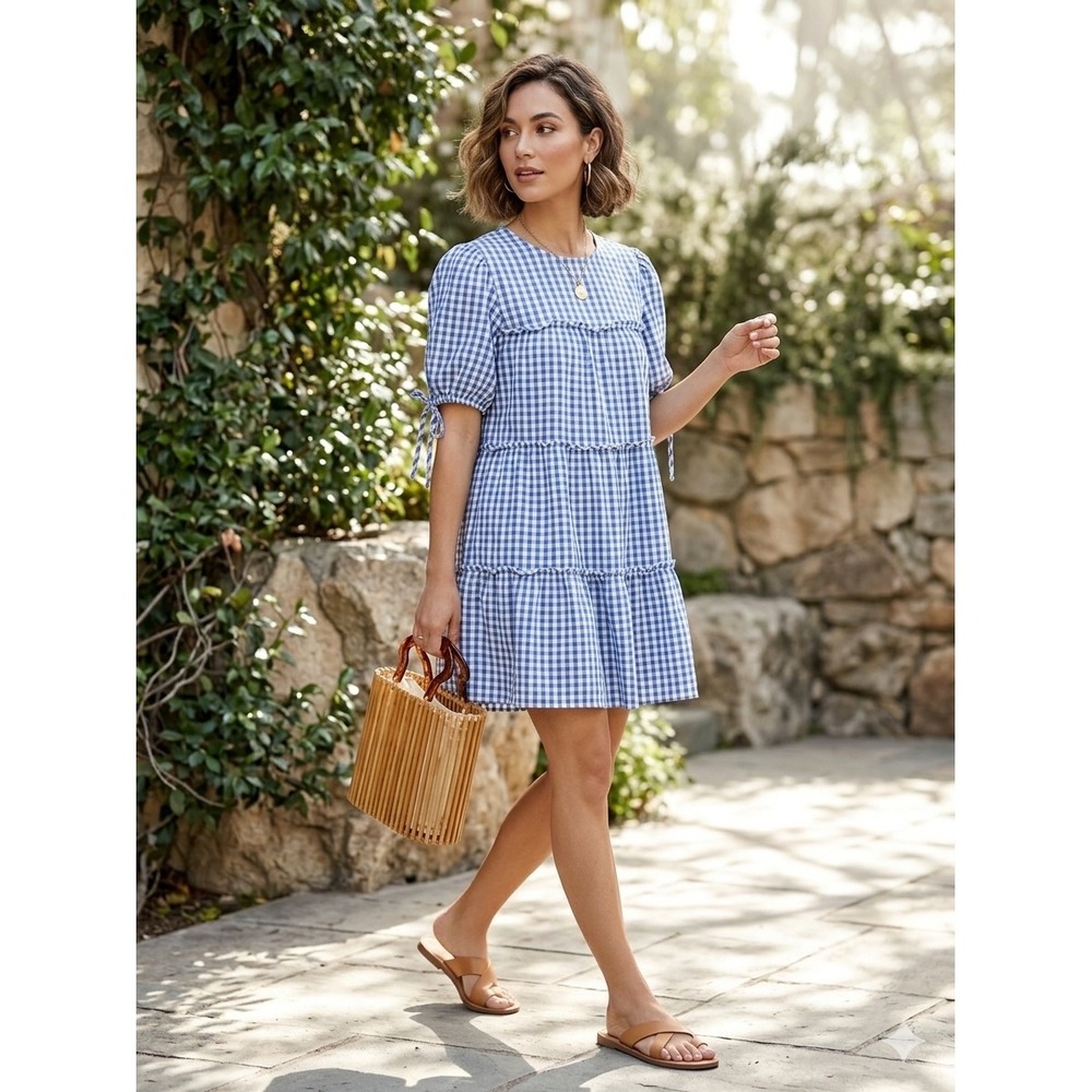 Influence Gingham Tiered Mini Dress Blue White Puff Sleeve Tie Cuffs Casual